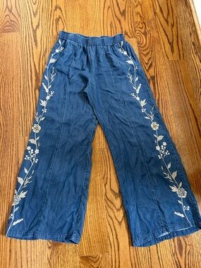 Johnny Was Blue Wide-Leg Embroidered Jeans